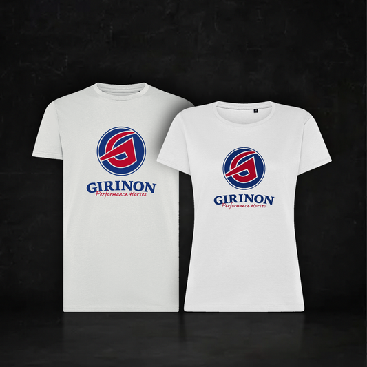 Girinon x SmarTack T-shirt, black organic cotton, front and back view on dark backdrop